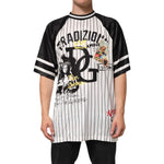 Dolce & Gabbana Tradizione Graffiti Print Oversized Men T-shirt with black raglan sleeves and pinstripe pattern, graffiti-style graphics.