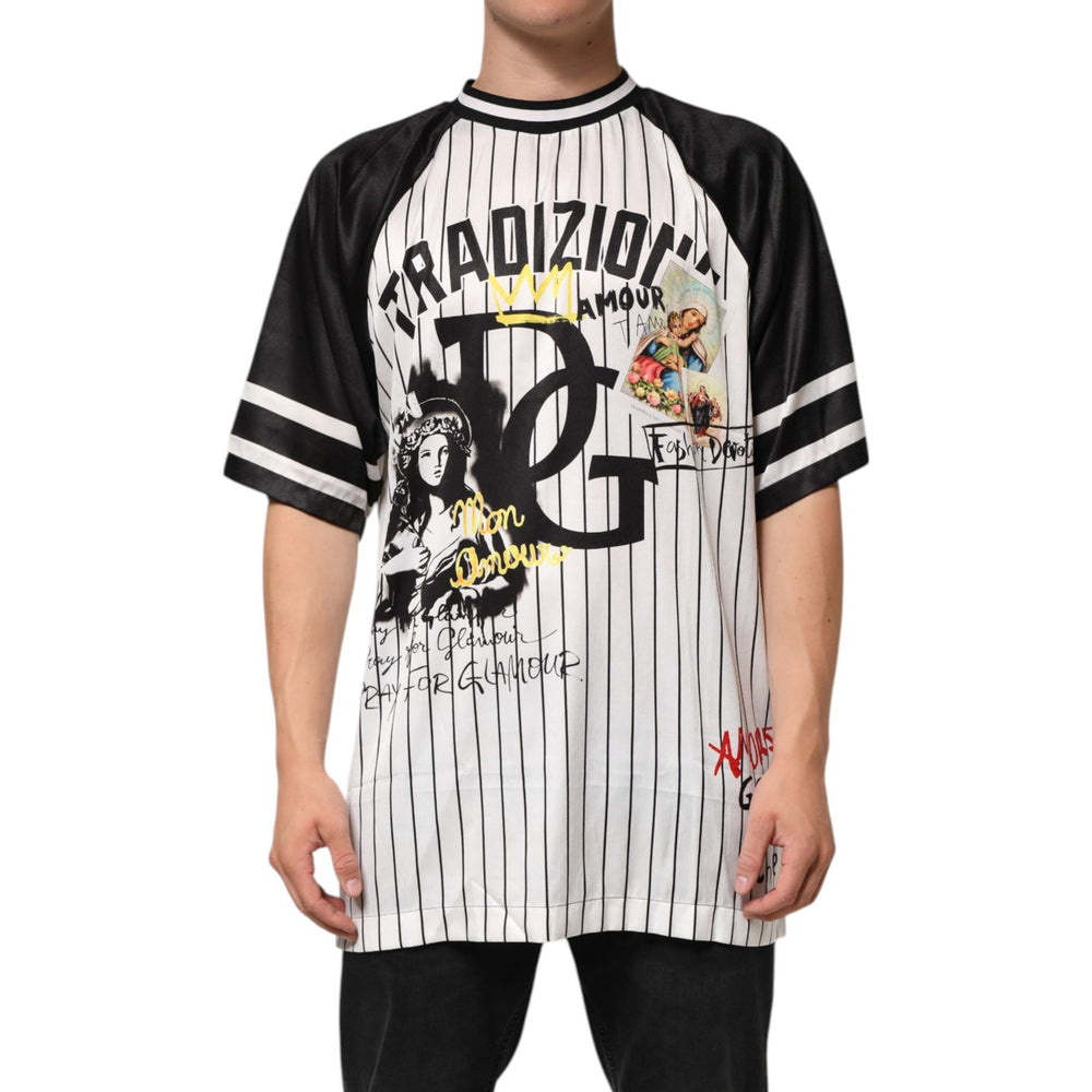Dolce & Gabbana Tradizione Graffiti Print Oversized Men T-shirt with pinstripe and black raglan sleeves, featuring DG logo graphics.