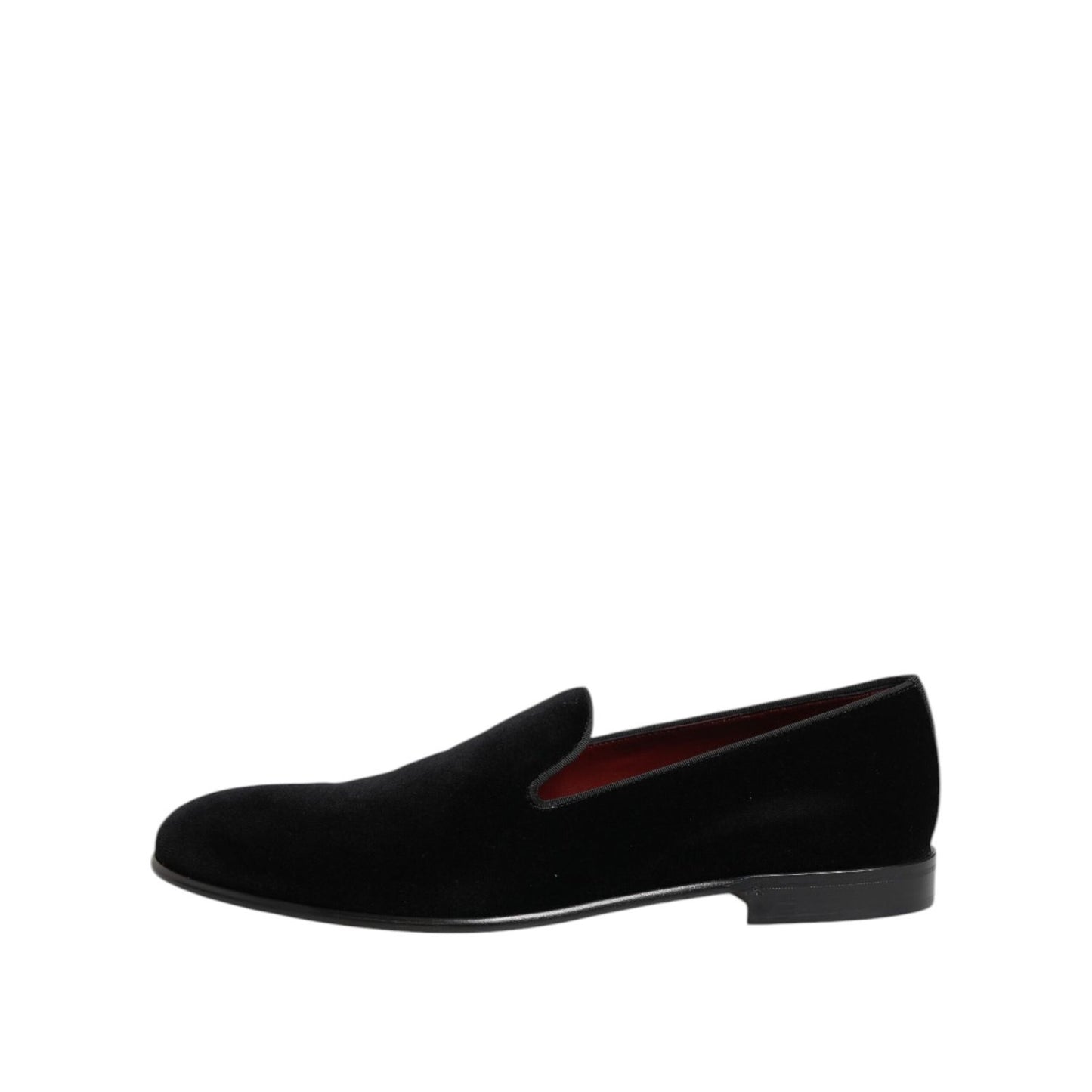 Dolce & Gabbana Black Velvet Slip On Men Loafers Formal Shoes with leather outsole, Italian craftsmanship, and logo detail.