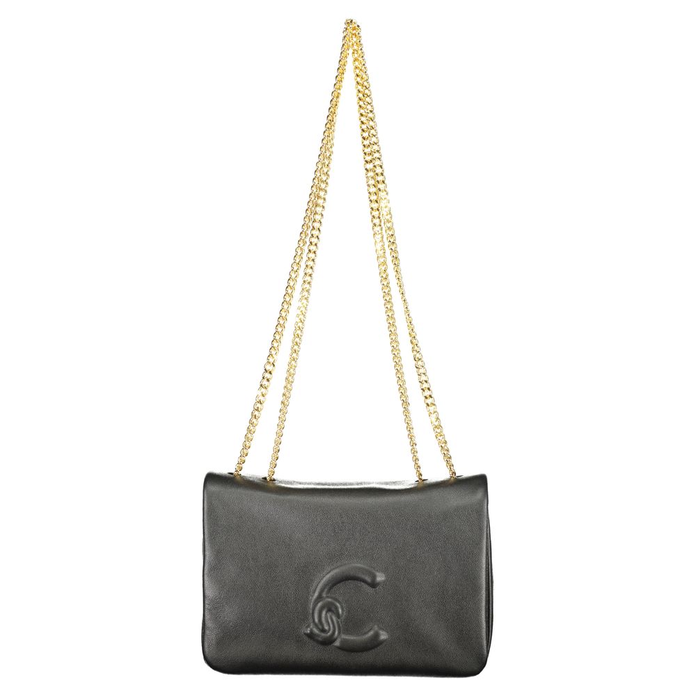 Coccinelle Black Leather Women Handbag with iconic logo and gold chain handles, showcasing elegant Italian design.
