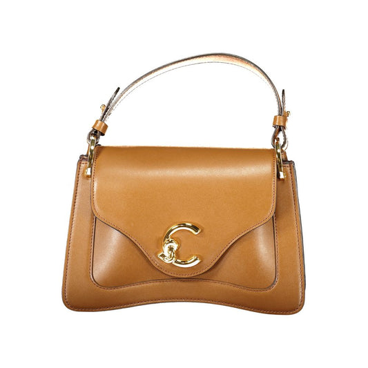 Coccinelle Brown Leather Women Handbag with gold logo, elegant design, and versatile straps.