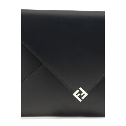 Fendi Black Leather Clutch Bag with large format and cuff handle, featuring FF logo and snap-button closure, ideal for essentials.