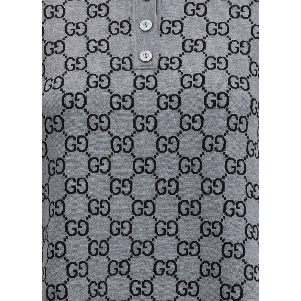 Gucci Gray Wool Casual Dress with GG Supreme pattern, ribbed collar, and button closure.