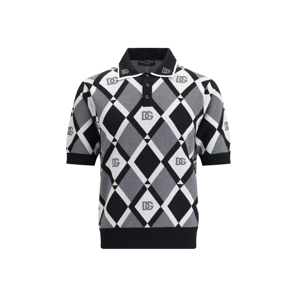 Dolce & Gabbana Diamond knit Polo Sweater with diamond motifs and logos, features classic collar for elegance and comfort in AW25 style.