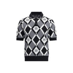 Dolce & Gabbana Diamond knit Polo Sweater with diamond motifs and logos, features classic collar for elegance and comfort in AW25 style.