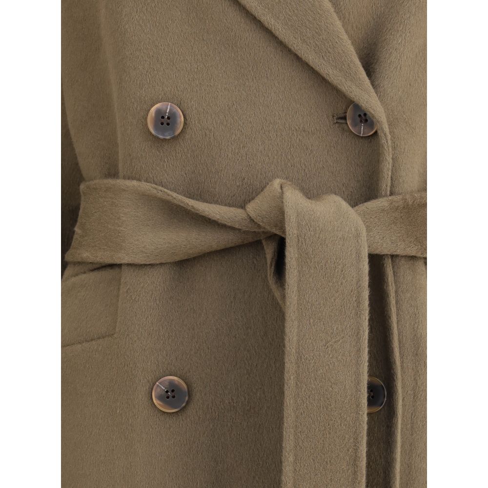 Close-up of Dynamis Studio Brown Wool Coat with double-breasted buttons and built-in belt.