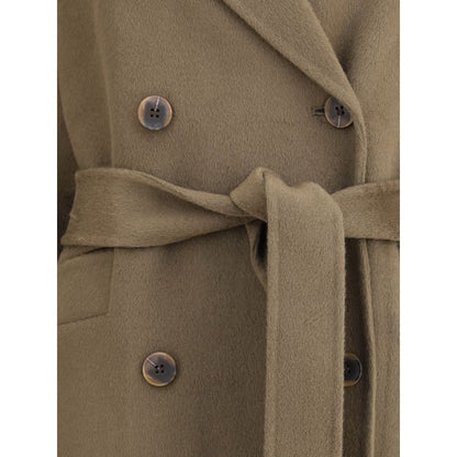 Close-up of Dynamis Studio Brown Wool Coat with double-breasted buttons and built-in belt.