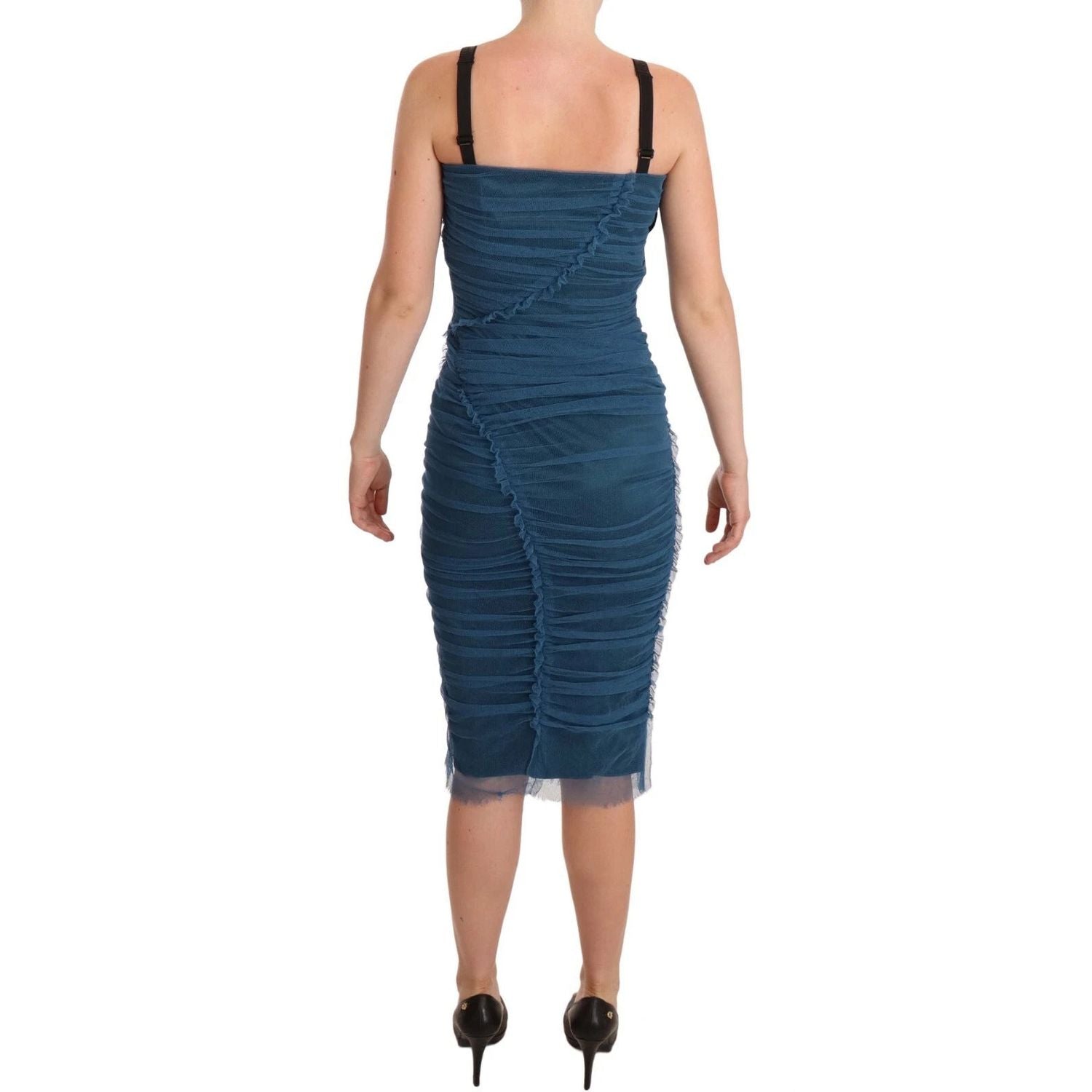 Dolce & Gabbana Blue Mesh Trim Ruched Tulle Sheath Dress
