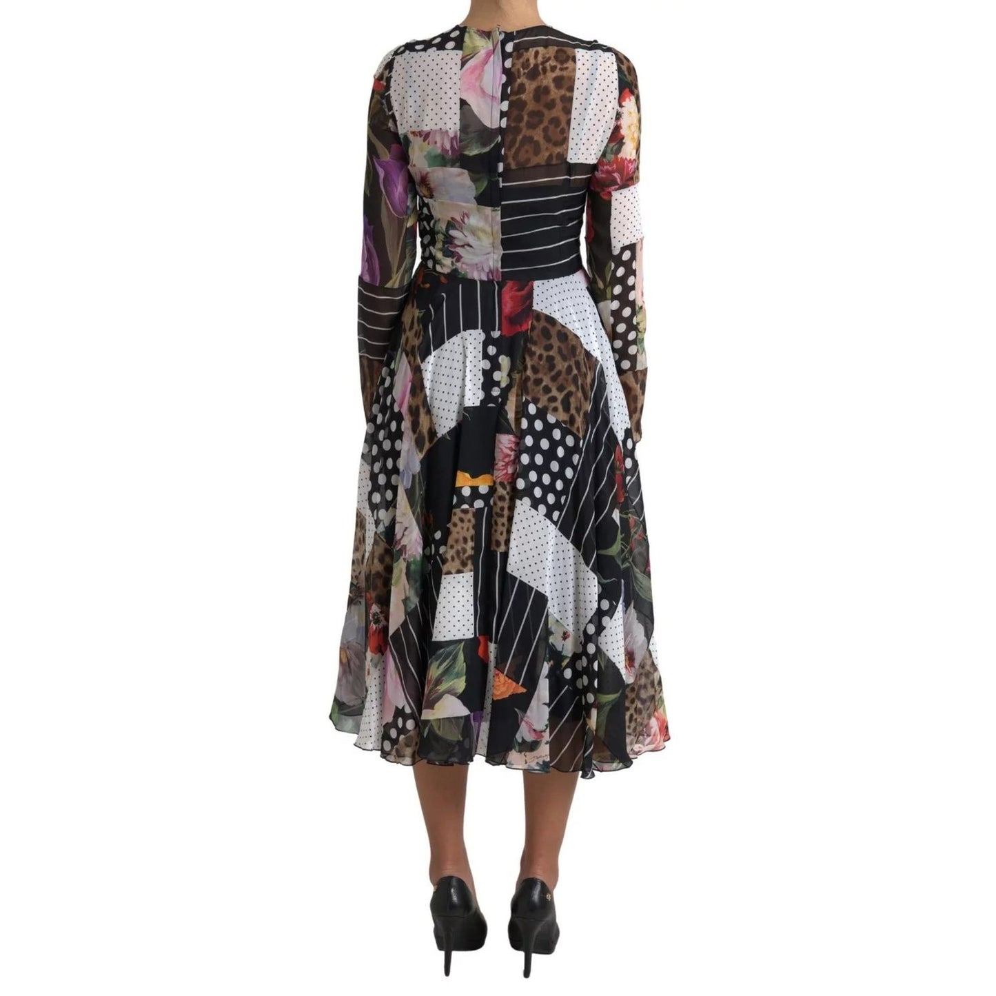 Back view of Dolce & Gabbana Multicolor Patchwork Floral Leopard Dress featuring A-line design and zipper closure.