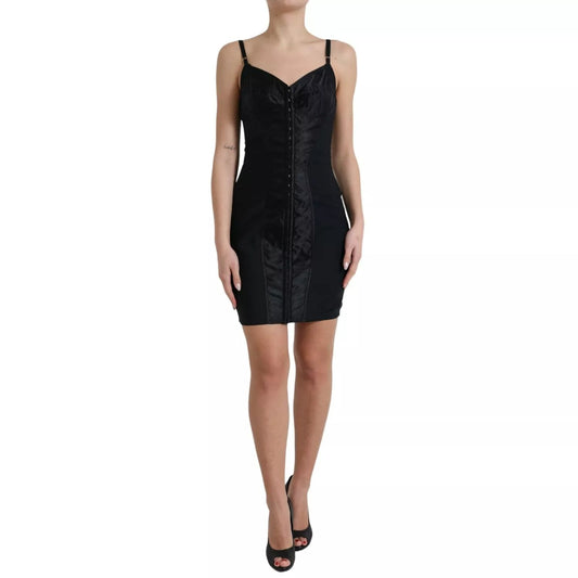 Dolce & Gabbana Black Nylon Bodycon Corset Bustier Mini Dress with spaghetti straps and hook & eye fastening, front view on model.