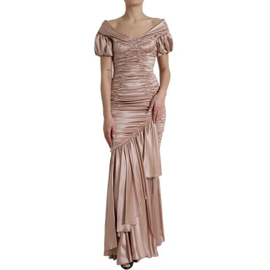 Dolce & Gabbana Pink Silk Stretch Sheath Mermaid Gown Dress with off-shoulder design and elegant ruffles on a mannequin.