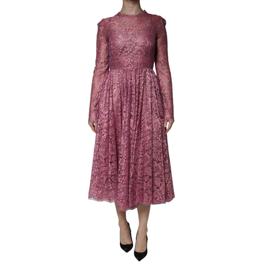 Dolce & Gabbana Pink Floral Lace Long Sleeve Midi Dress, elegant design with intricate lace and modern silhouette for stylish occasions.