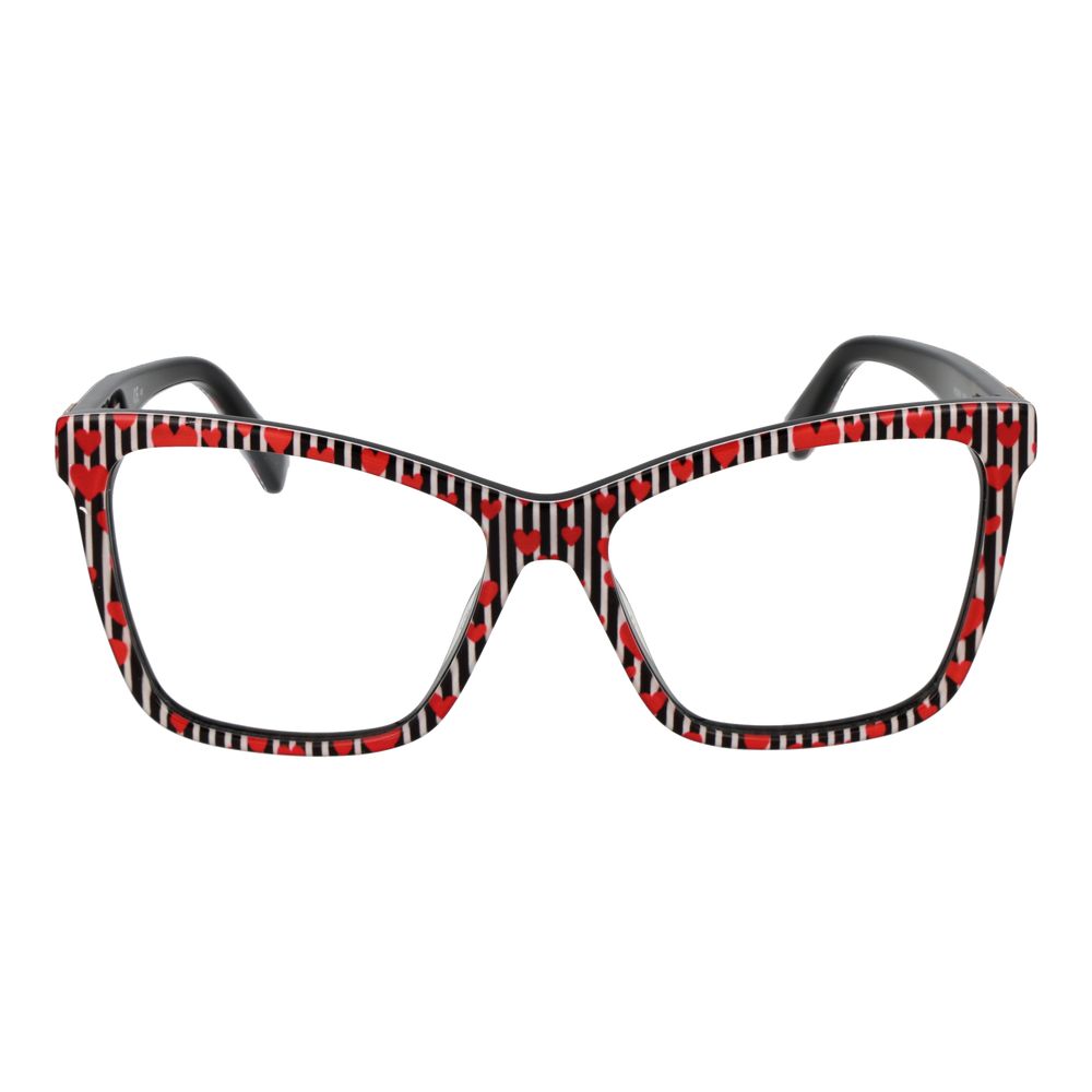 Love Moschino Black Acetate Glasses (Frames) with geometric full-rim and red heart pattern, demo plastic lenses, and spring hinge.