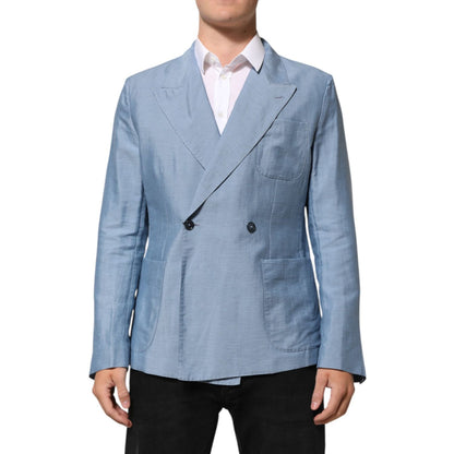 Dolce & Gabbana Light Blue Linen Double Breasted Men Jacket Blazer