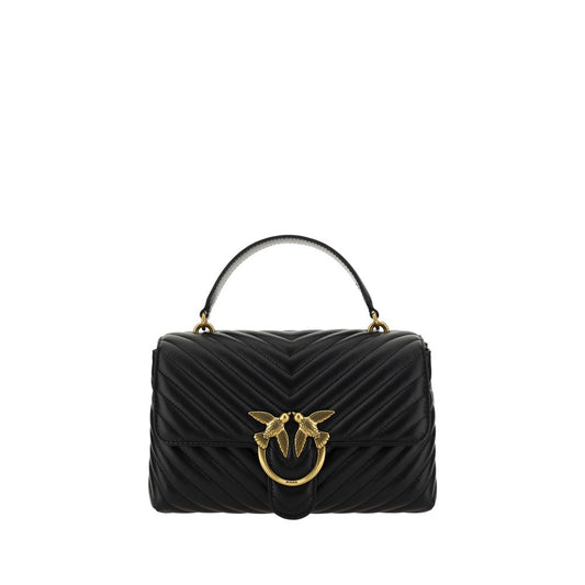 PINKO Love Lady Handbag in black calfskin with gold-plated Love Birds logo, quilted design, chain strap, top handle, AW25 collection.