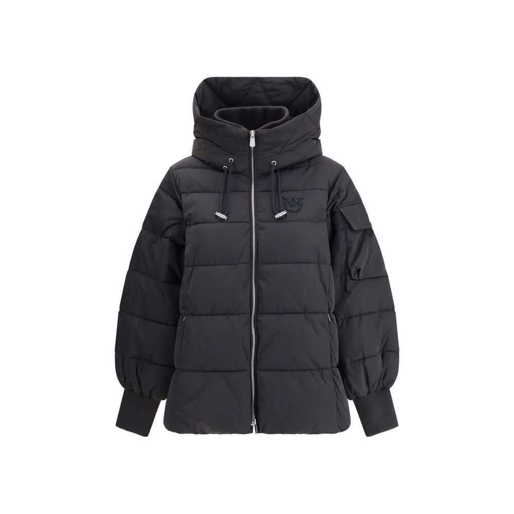 Black PINKO Logo Down Jacket with hood, zipper, and contrasting logo appliqué on chest, perfect for Autumn-Winter 2025 season.