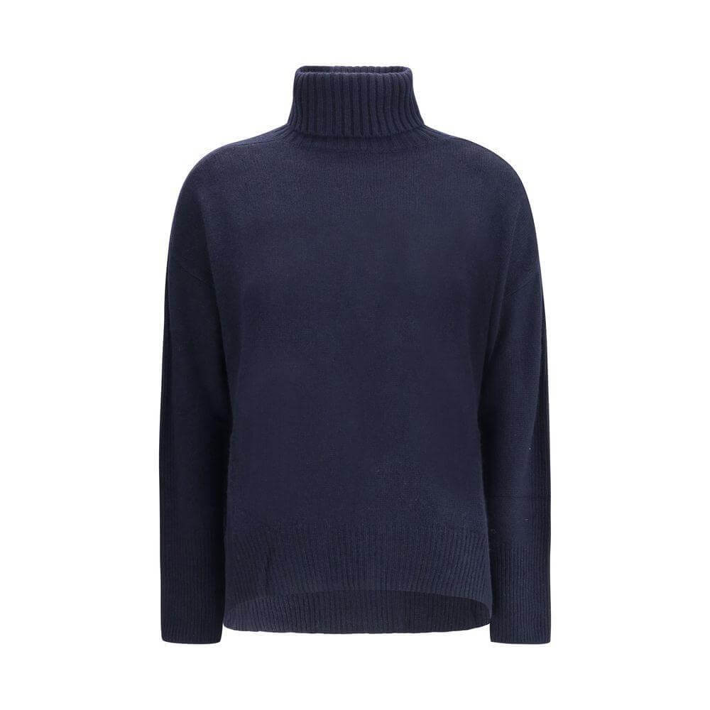 Allude Turtleneck Sweater in navy cashmere with high collar, ribbed cuffs and hem for elegant and comfortable cold season wear.
