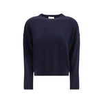 Allude Cashmere Sweater in navy, featuring ribbed crew neck and hem, made from 100% cashmere for a soft, elegant look.