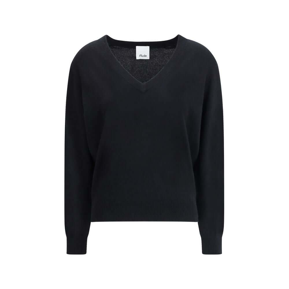 Allude Cashmere Sweater with ribbed V-neck, hem, and cuffs, featuring dropped shoulders for a soft, modern fit, perfect for AW25.