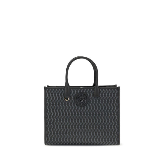 Versace La Medusa Tote Bag with V pattern and La Medusa emblem, featuring double handles and leather feet for protection
