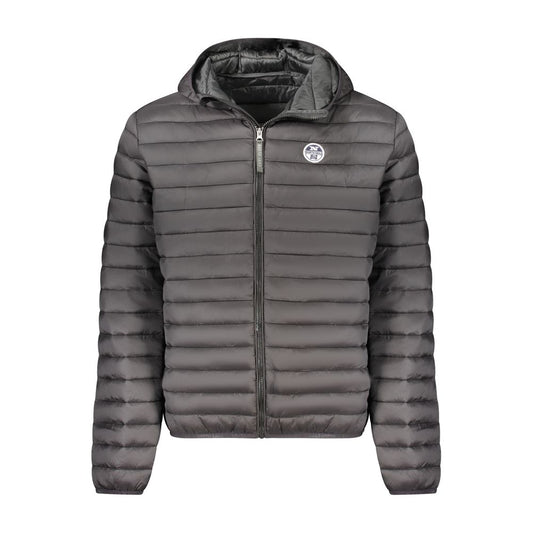 North Sails Black Polyester Men Jacket with hood, lightweight padding, external and internal pockets, stylish and functional design.