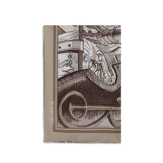 Burberry Beige Silk Scarf featuring Knight Engraving print, elegant Italian silk twill, iconic design, AW25 collection