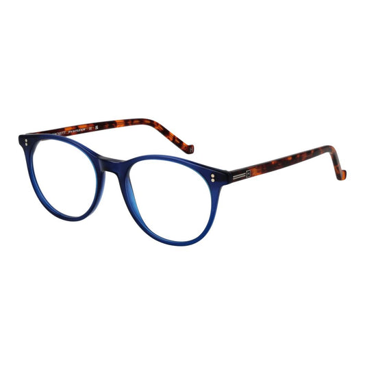 Hackett Blue Men Glasses Frame, blue acetate full-rim style, round shape, demo lenses, ideal for fashion and comfort.