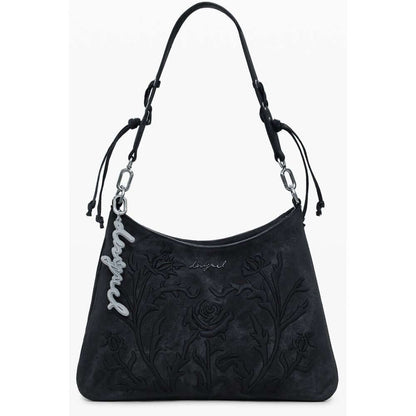 Desigual Black Polyethylene Women Handbag with floral embroidery, removable shoulder handle, and adjustable strap for versatile styling.