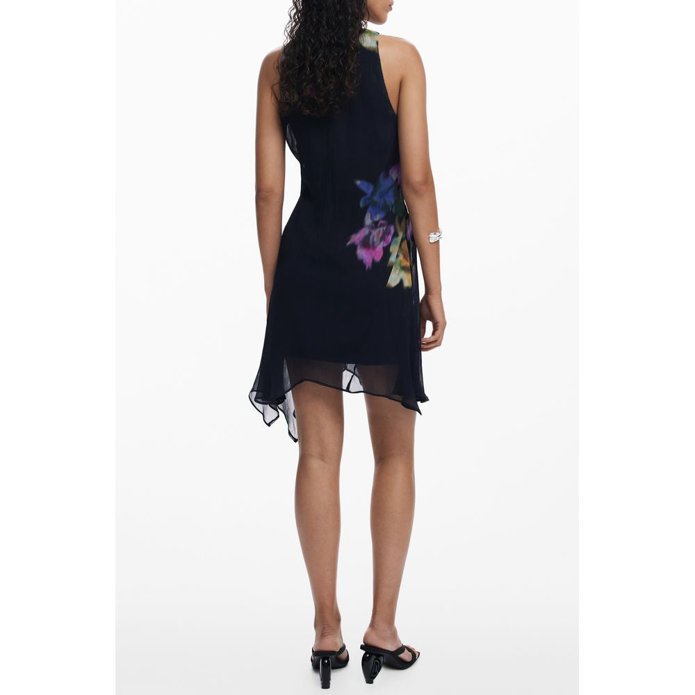 Back view of Desigual Black Polyester Women Dress with floral print and high-low hem.