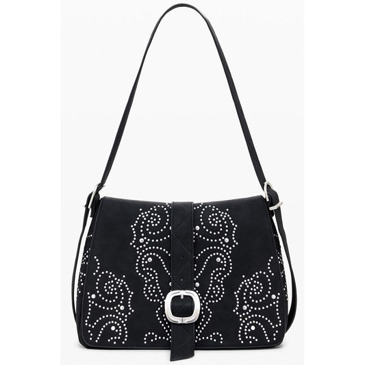 Desigual Black Polyethylene Women Handbag with studs, featuring adjustable strap and external pocket.
