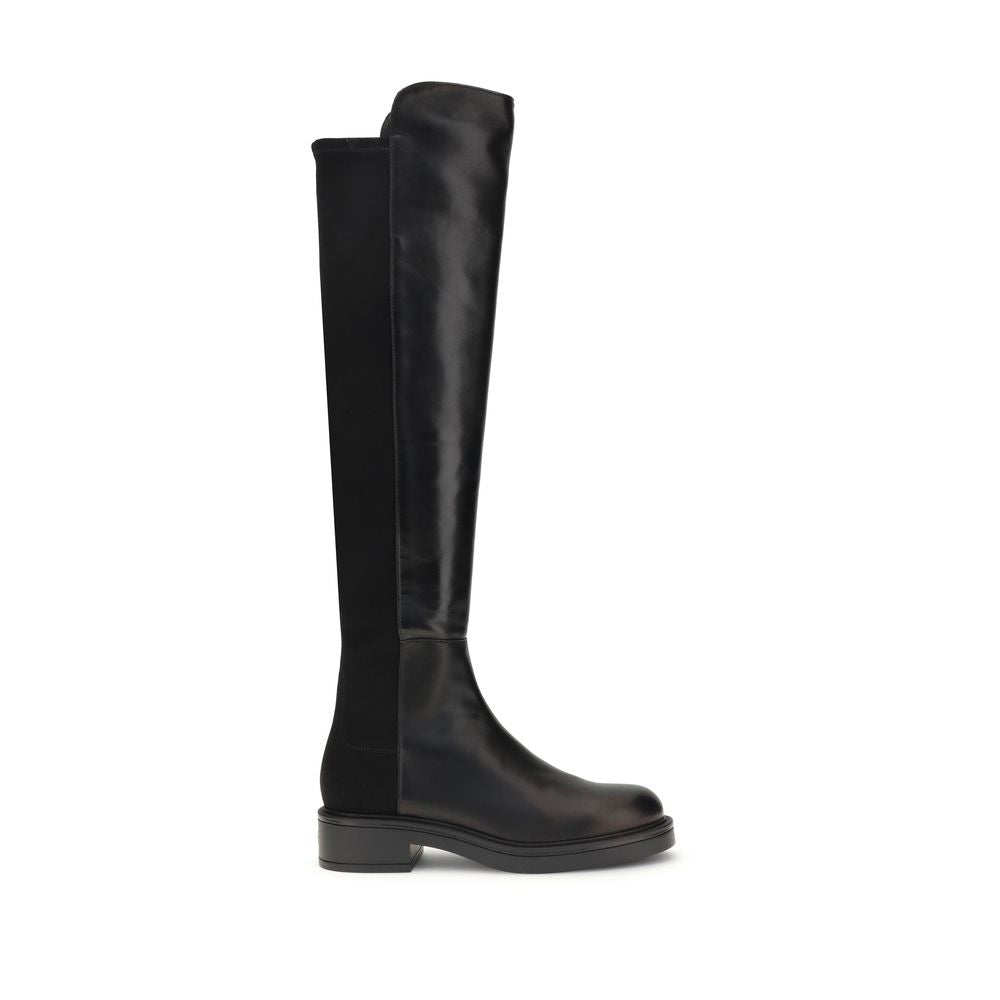 Stuart Weitzman Black Leather Over The Knee boots with smooth leather front and elastic back, showcasing a block heel for style and comfort.