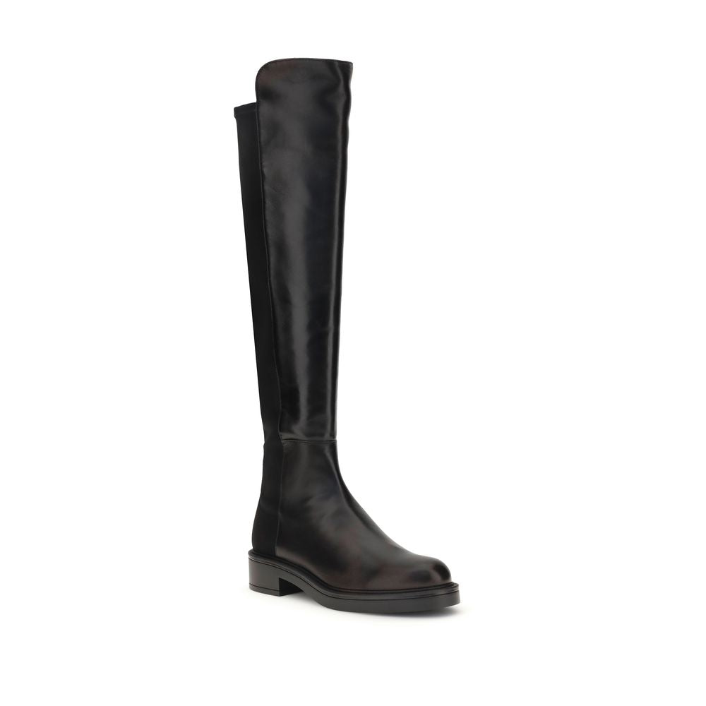 Stuart Weitzman Black Leather Over The Knee high boots with block heel and elastic back for elegant and versatile wear.