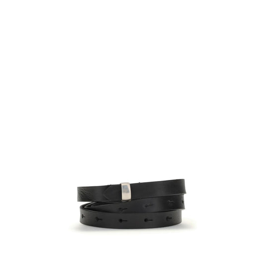 Undercover Black Leather Thin Belt with silver buckle, adjustable fit, 100% leather, perfect for a minimal contemporary look.