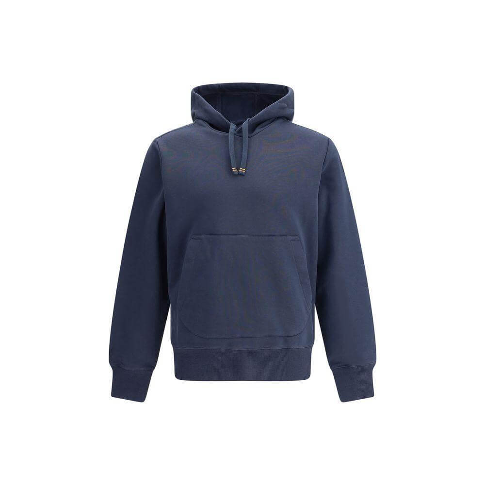 Parajumpers Everest Hoodie in navy featuring adjustable hood and pouch pocket, emblem on sleeve, made of stretch cotton-polyester fleece.