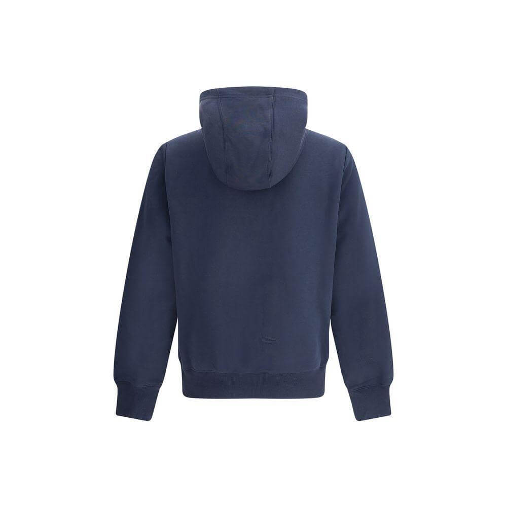 Back view of Parajumpers Everest Hoodie with hood in navy cotton-polyester fleece showing diagonal design.