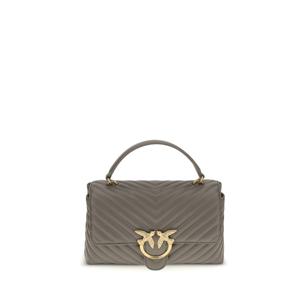 PINKO Love Lady Handbag in calfskin with gold-plated Love Birds logo, quilted design, sliding chain strap, and top handle.