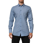 Dolce & Gabbana Blue Cotton Collared GOLD Formal Dress Shirt with long sleeves and elegant design, perfect for luxury styling.
