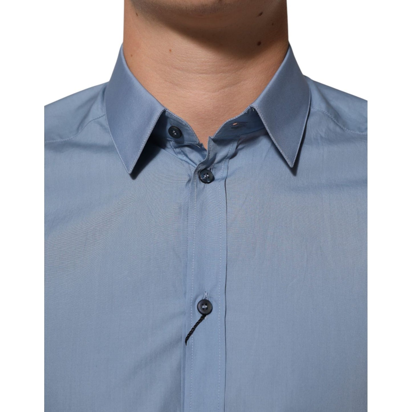 Dolce & Gabbana Blue Cotton Collared GOLD Formal Dress Shirt with elegant gold accents, perfect for luxury styling.