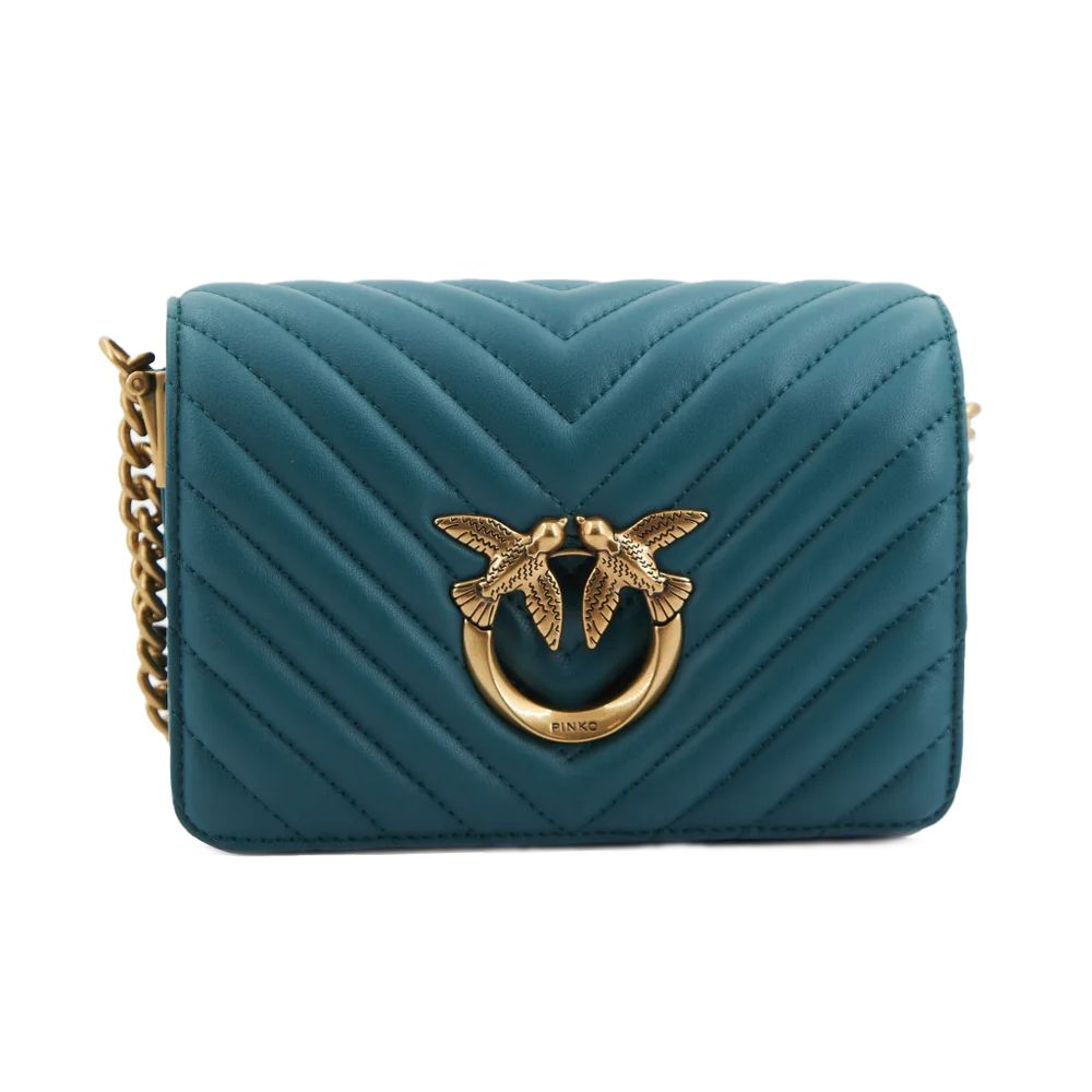 PINKO Blue Calfskin Women Crossbody Bag with quilted pattern and gold bird detail