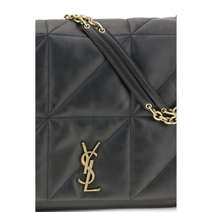 Close-up of Saint Laurent Black Lamb Ovis Aries Aries Shoulder Bag with embossed YSL logo and gold chain strap on black leather.