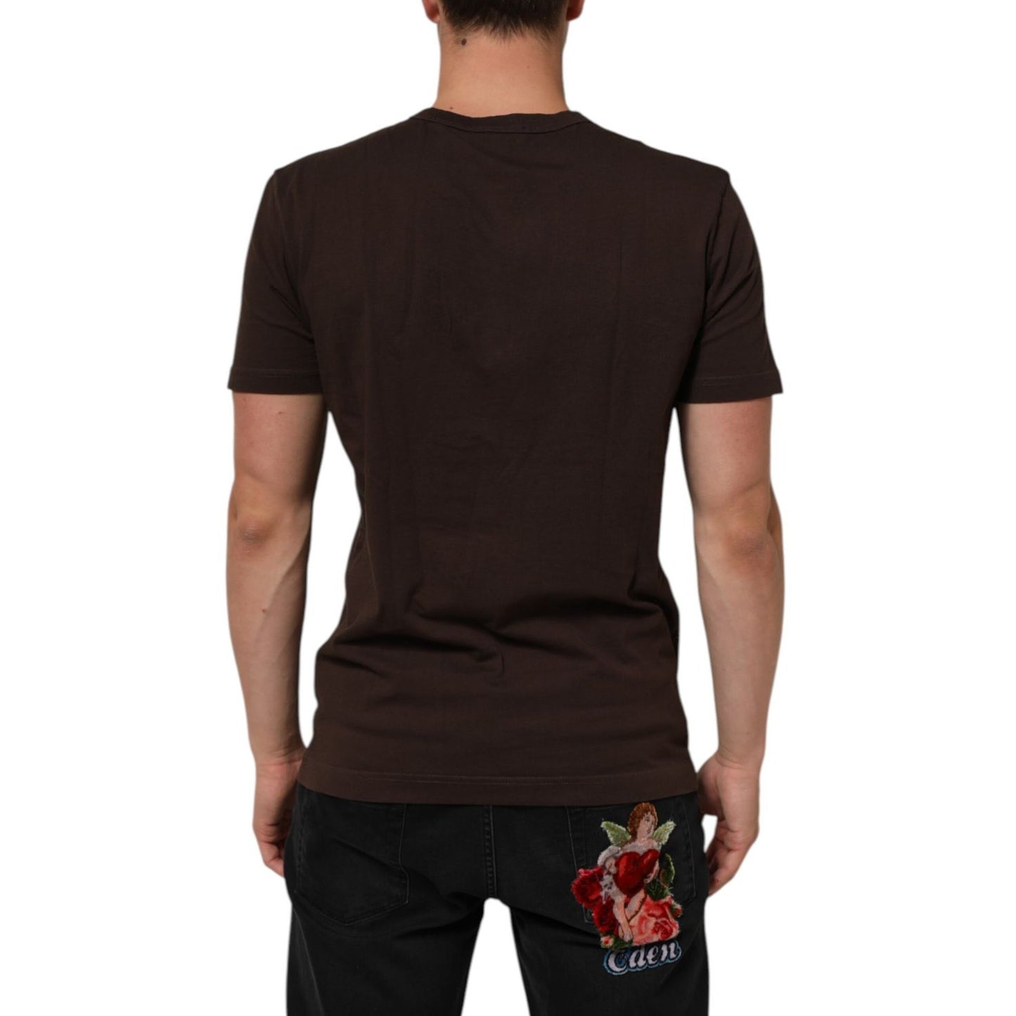 Dolce & Gabbana Brown Coin Laurel Print Men Crew Neck T-shirt