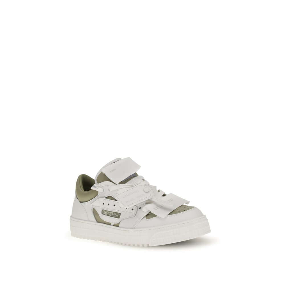 Off-White White Leather Low Top Sneakers with black inserts, perforated details, and removable tag on a white rubber sole.
