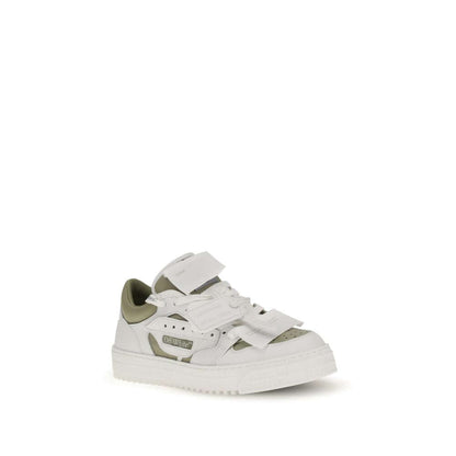 Off-White White Leather Low Top Sneakers with black inserts, perforated details, and removable tag on a white rubber sole.