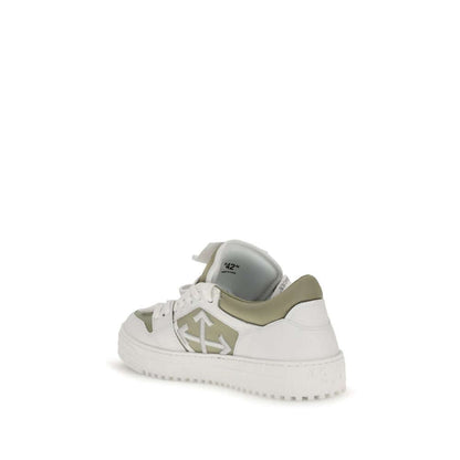 Off-White White Leather Low Top Sneakers with iconic side logo and green inserts, highlighting street style and premium leather craftsmanship