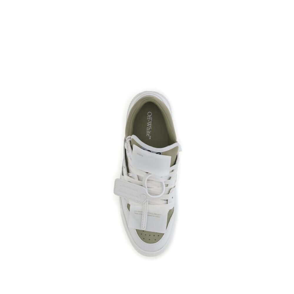 Off-White White Leather Low Top Sneakers with round toe and logo detailing, top view.