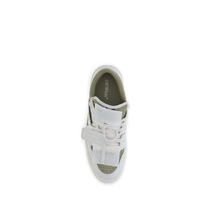 Off-White White Leather Low Top Sneakers with round toe and logo detailing, top view.