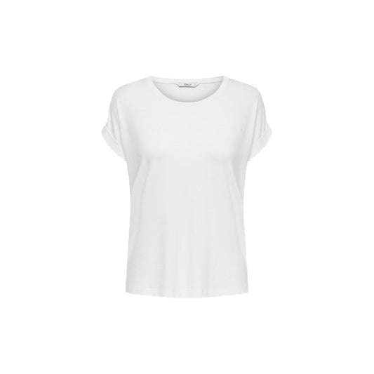 Only White Polyester T-Shirt with scoop neck and rolled sleeves, perfect for versatile and trendy women’s fashion.