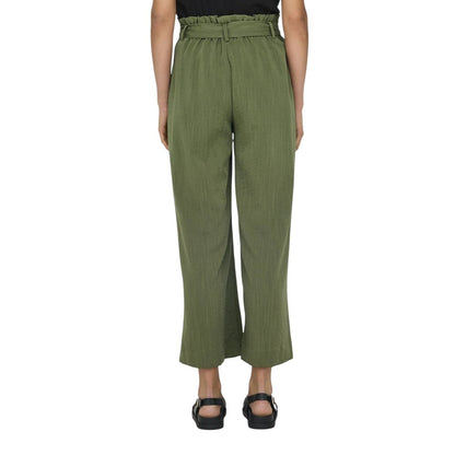 Back view of Only Green Viscose Casual Pants with high waist and tie belt
