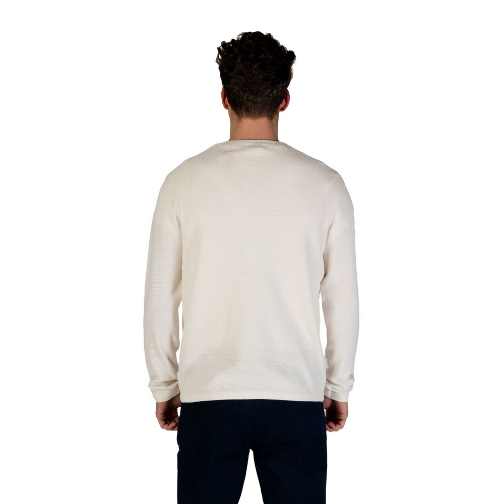 Back view of Jack Jones White Cotton Sweatshirt with crew neck and fine knit texture, highlighting sustainable materials.