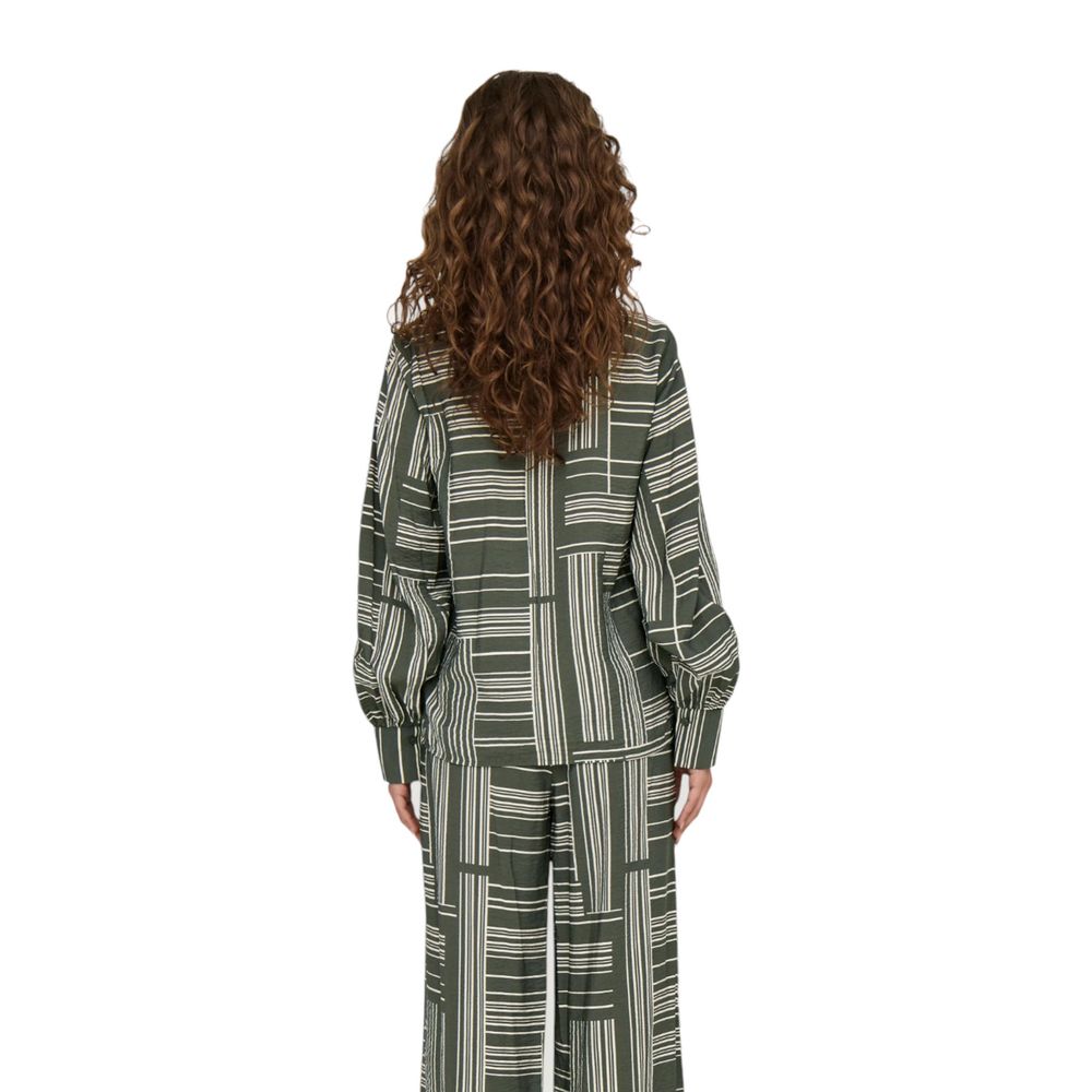 Jacqueline De Yong Green Viscose Blouse with geometric stripes, back view of long-sleeved shirt with elegant V-neckline and wide cuffs